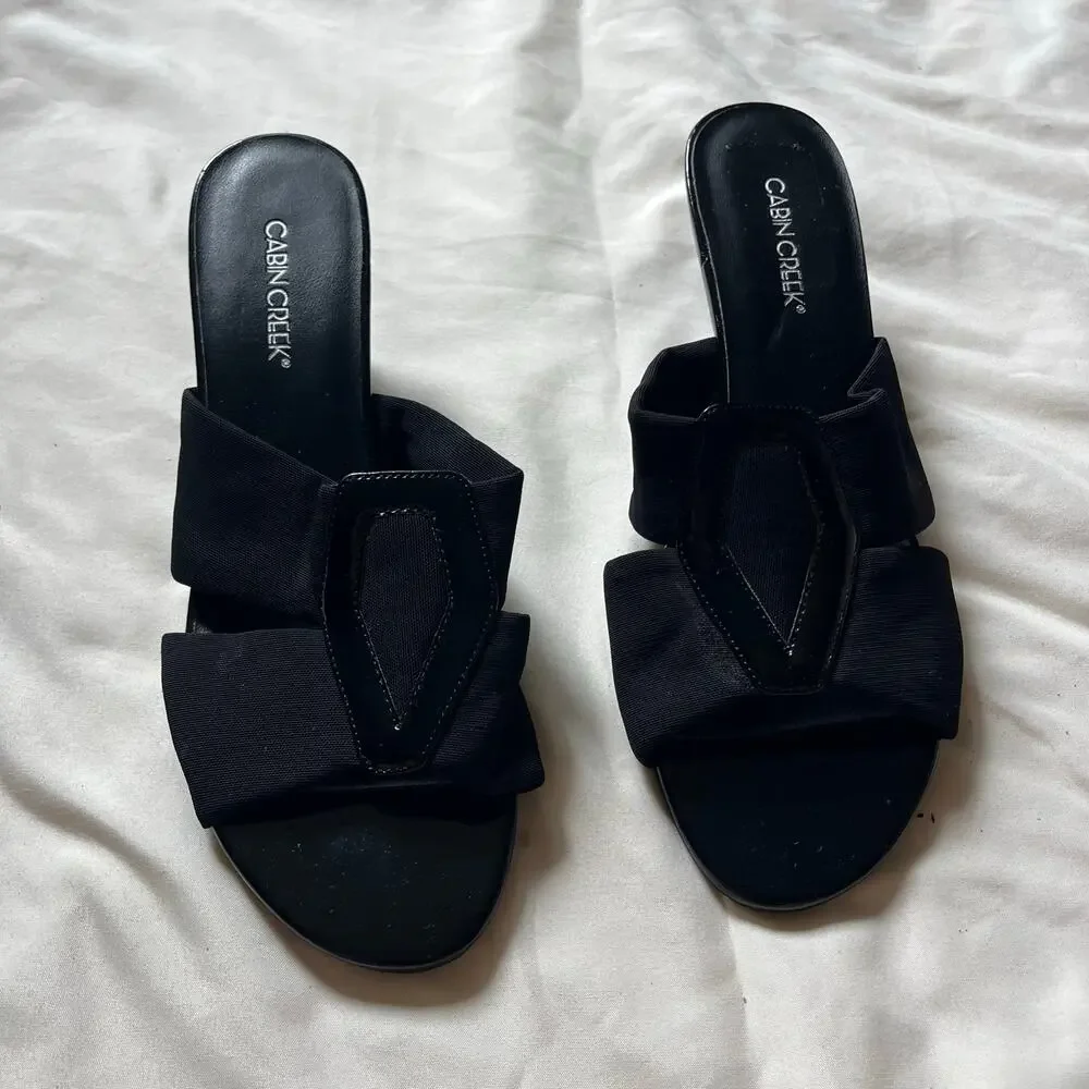 Black Open Toe Kitten Heel Wedge Sandals Sz 9 Y2K 2000s Grunge Summer Goth